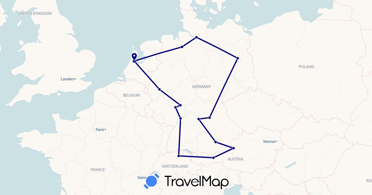 TravelMap itinerary: driving in Austria, Switzerland, Germany, Netherlands (Europe)